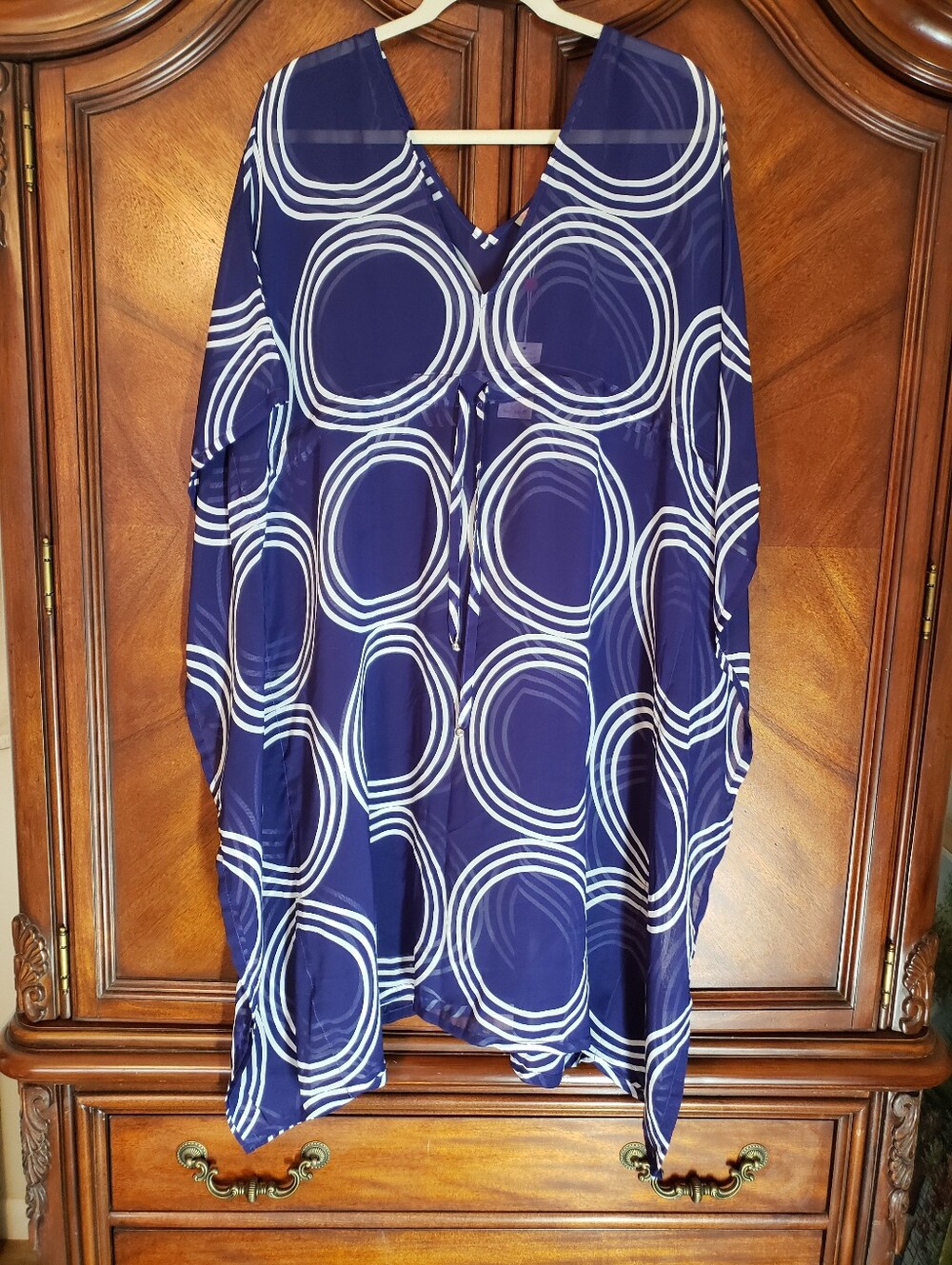 NWT Echo New York Retro Ring Tunic Caftan Cover Up Blue White Circle Geometric O